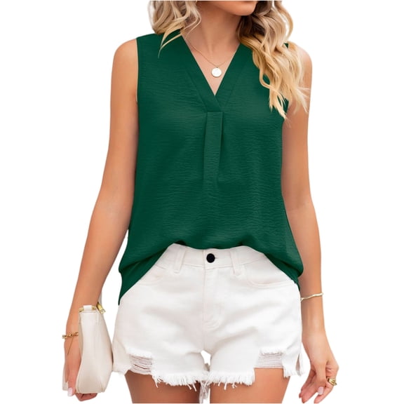 Stichou Women's Chiffon Tank Top Loose Fit Sleeveless Work Shirts Casual Business Blouse V Neck Spring Summer Shirts Green M