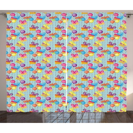 Box Set Stripes Birthday Curtains 2 Panels Set, Striped Colorful Surprise Boxes with Flying Balloons on Small Geometric Shapes, Window Drapes for Living Room Bedroom, 108W X 108L Inches, Multicolor, by Ambesonne ()