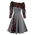 thumbnail image 2 of Lilgiuy Women Autumn Christmas Printing Causal Off-The-Shoulder Button Long Sleeve Vacation Dress Gray 2022 Fall Winter, 2 of 5