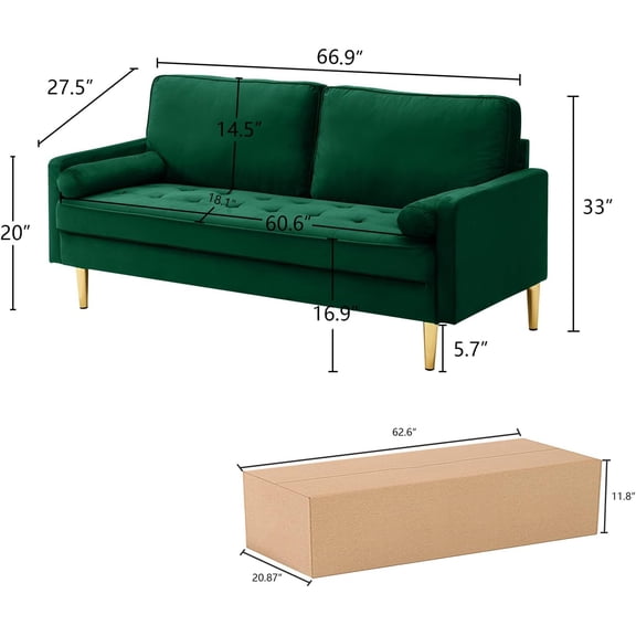 67" Velvet Sofa Bed, Modern Loveseat with Gold Metal Legs & Bolster Pillows, Space-Saving Velvet Love Seat Sofa for Apartments, Bedrooms & Offices (Green)