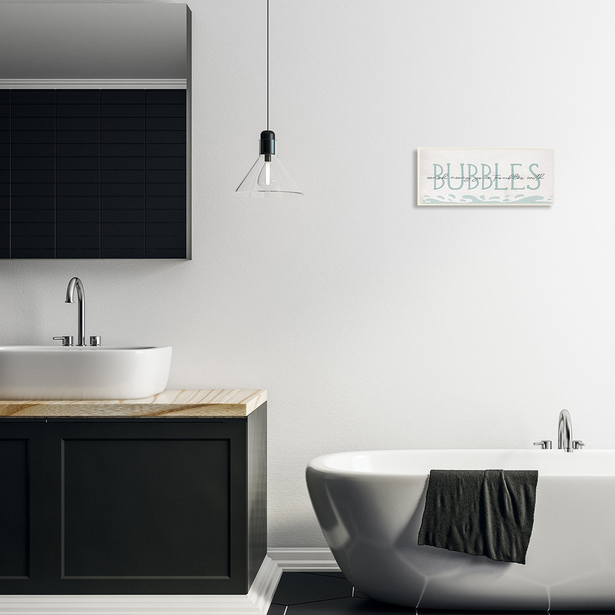 Stupell Industries Wash Away Troubles Bubbles Blue Bath Sign Text Wood Wall Art, 17 x 7, Design by Daphne Polselli