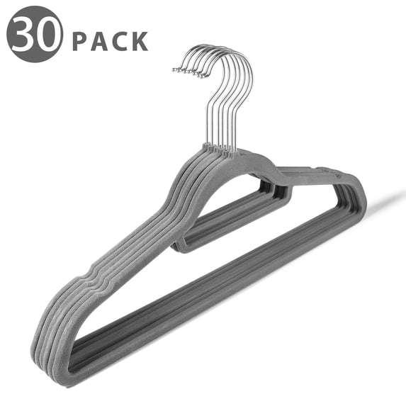 Velvet Hanger 30 Pack- Non Slip Dress Hanger with Accessory Bar Space Saving, Strong and Durable with 360 Degree Chrome Swivel Hook, Contoured Shoulder for Women Shirts Clothes Coat Suit Pants (Gray)