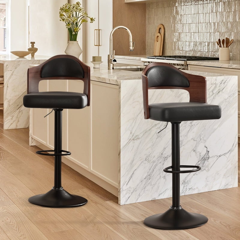 MOONMISS Swivel Bar Stools Set of 2, Wooden Kitchen Bar Chairs with Back, PU Leather Counter Height Barstools for Kitchen Island,