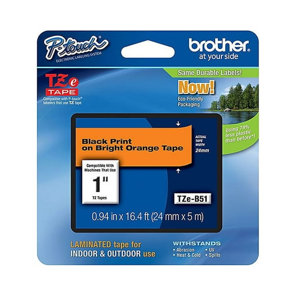 Brother TZEB51 24mm (1") Black on Fluorescent Orange Laminated Tape (5m/16.4')