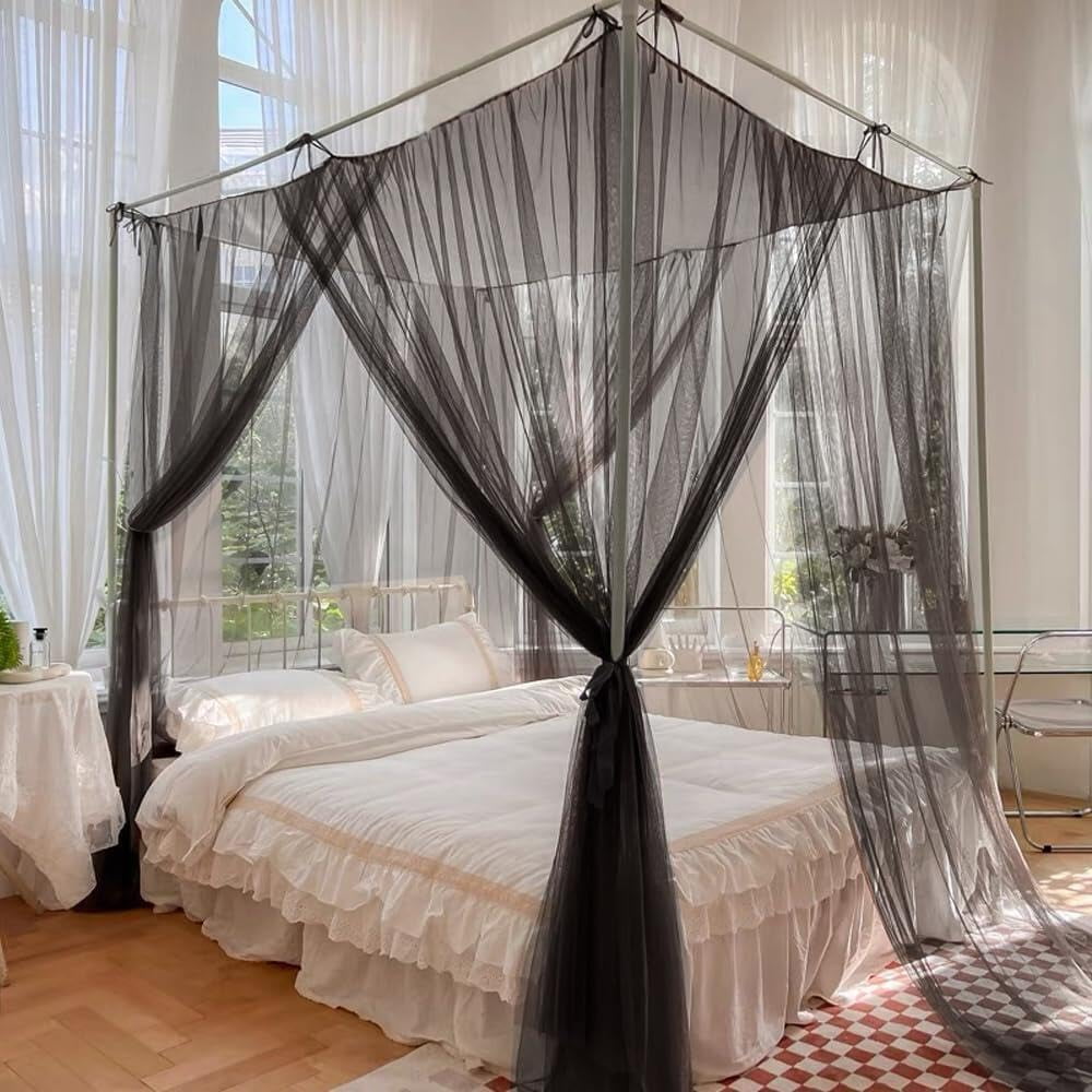 Mosquito Net Bed Canopy for Double Bed, Black Netting Four Corner Post Curtains Bed Drape Elegant Mosquito Net