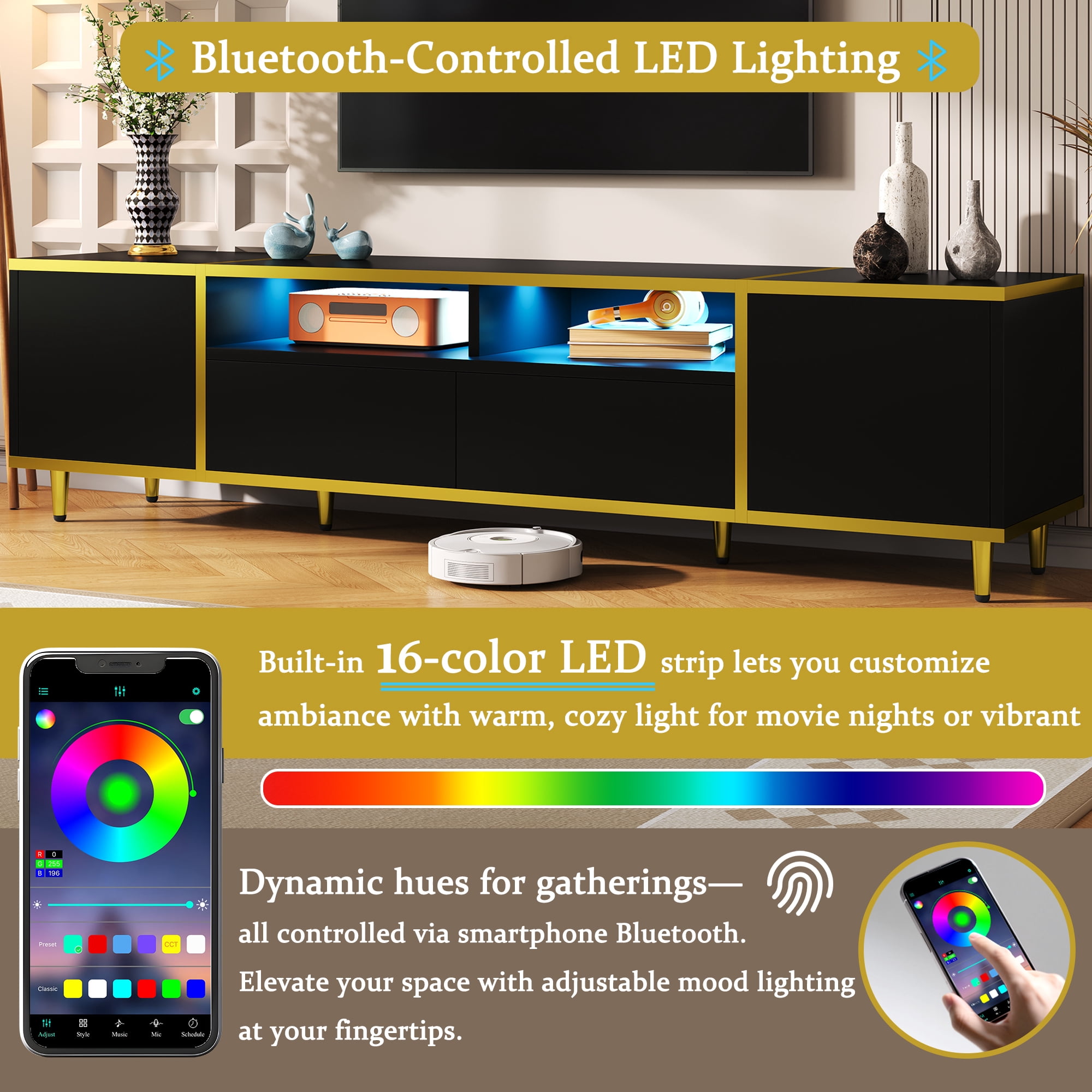 Euroco Modern LED TV Stand with Storage Cabinets, Drawers, Golden Accents & App-Controlled Lighting