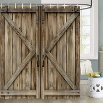 Wooden Barn Door Shower Curtain, Rustic Wooden Garage Door Shower Curtain Vintage Wood Farmhouse Shower Curtain, Country Barn Door Shower Curtain with Hooks, 72X72 Inch, Brown