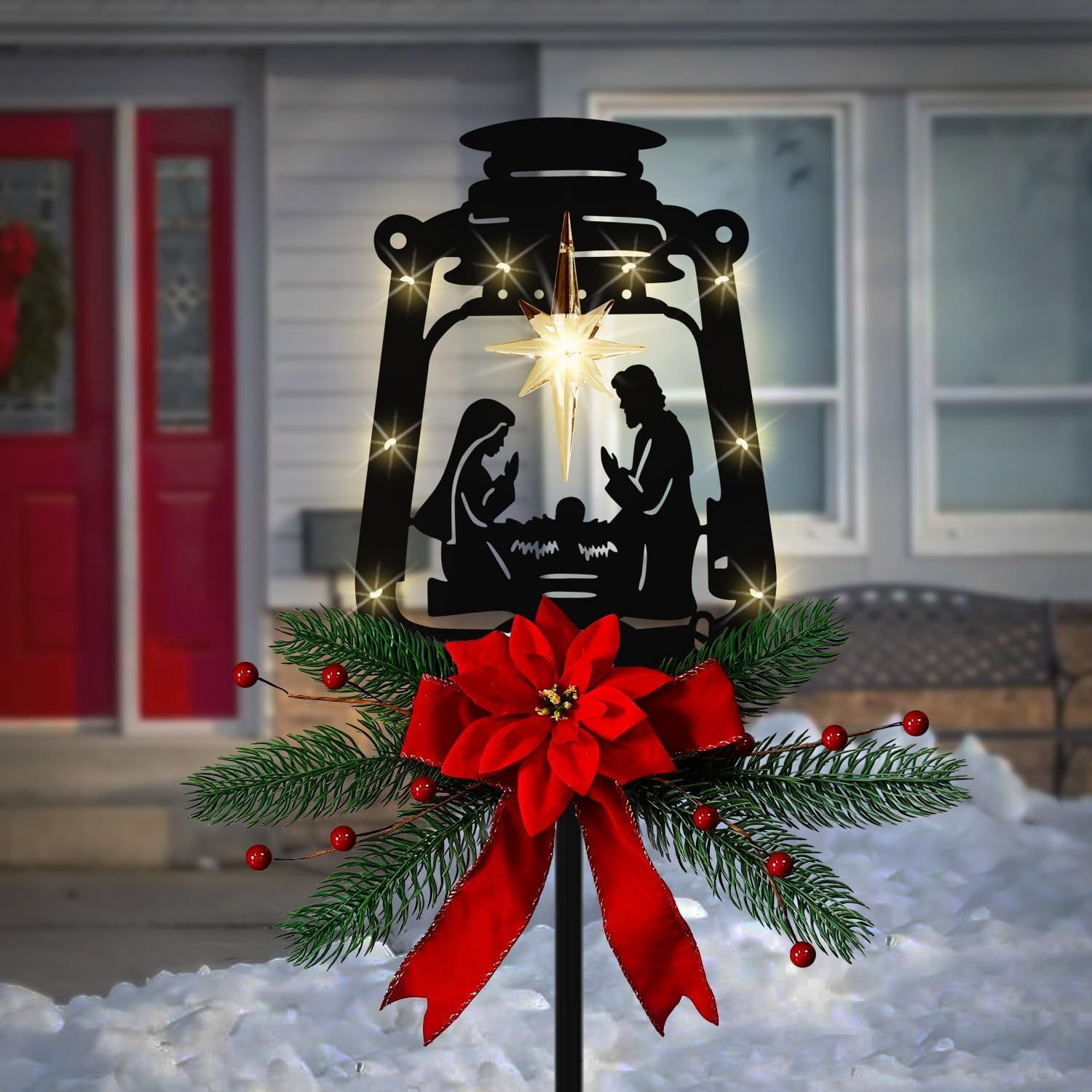 Christmas Garden Jesus Scene Decor, Solar Lighted Outdoor Nativity Set with 9 LED Lights, Christmas Decoration for Indoor Outdoor Holiday Party Garden Yard Lawn Decor