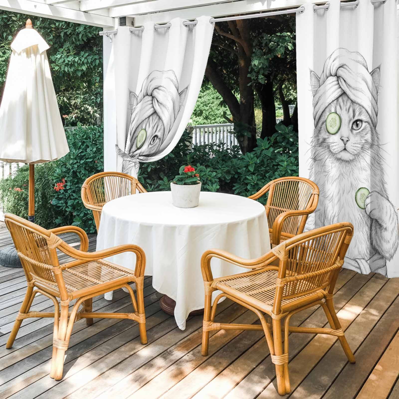 Grey Animals Outdoor Curtains for Patio, Funny Cat with Bath Wrap Cucumber Slice Gray Modern Sunshade Privacy Drapes Grommet Waterproof Outside Curtains for Porch/Cabana/Balcony 54"x 108", 1 Panel