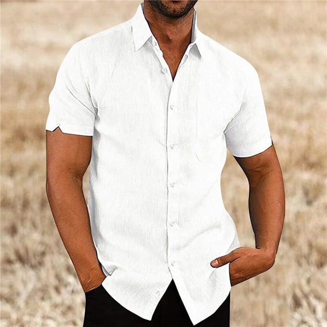 Camisa de manga corta para hombre, camisa informal de lino y algodón con cuello vuelto, blusas formales para eventos sociales, ropa de verano