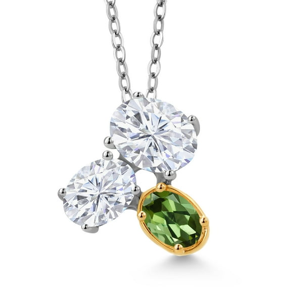 Gem Stone King 925 Silver and 10K Yellow Gold White Moissanite and Green Tourmaline Pendant Necklace for Women (2.90 Cttw, Oval 8X6MM, 7X5MM and 6X4MM, Gemstone, with 18 inch Chain)