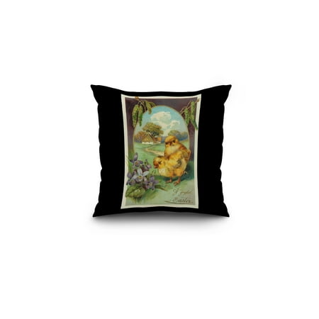 A Joyful Easter Scene with Chicks and Violets (16x16 Spun Polyester Pillow, Black (White Chicks Best Scenes)