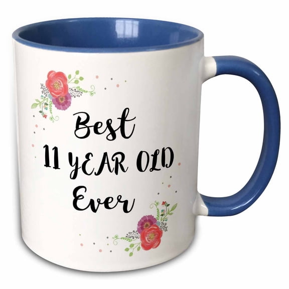 3drose, Floral Best 11 Year Old Ever Pink Flowers Cute 11th Birthday Girl Gift, 15oz Two-tone Blue Mug