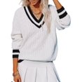 thumbnail image 2 of Women'S Casual V Neck Long Sleeve Sweater Trendy Striped Pullover Cable Knit Preppy Sweaters White XS, 2 of 9