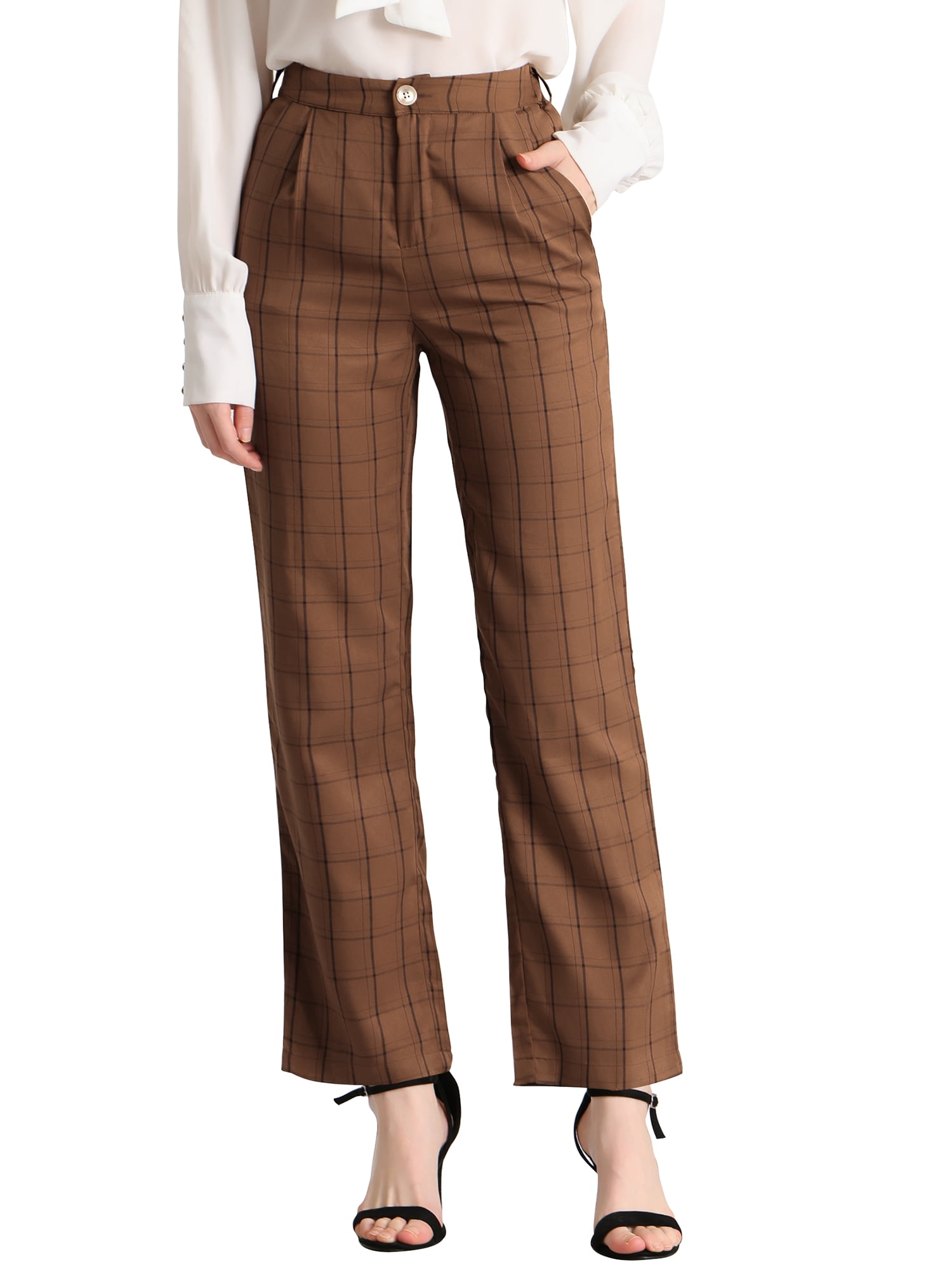 DARING DIVA Women's Plaid Trousers Pockets Straight Leg Casual Pant M Dark Brown black