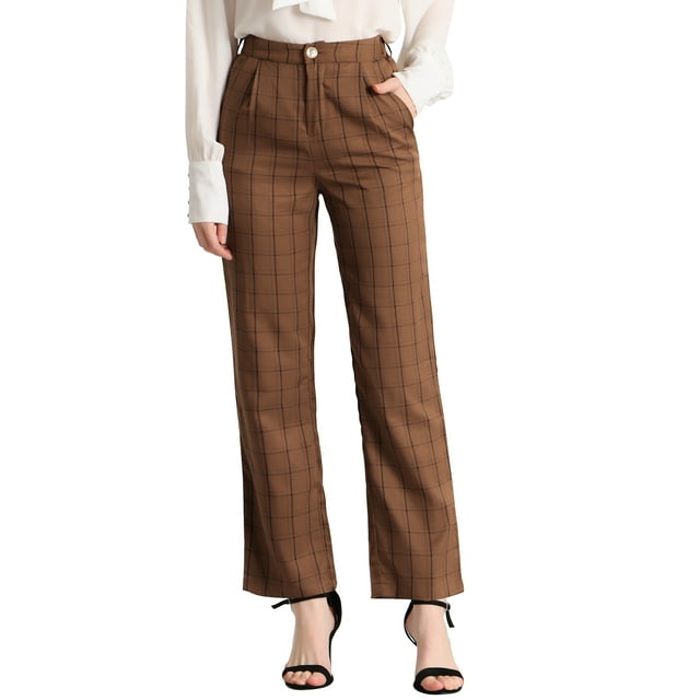 Unique Bargains Women's Christmas Plaid Pockets Elastic Waist Straight Leg Pant