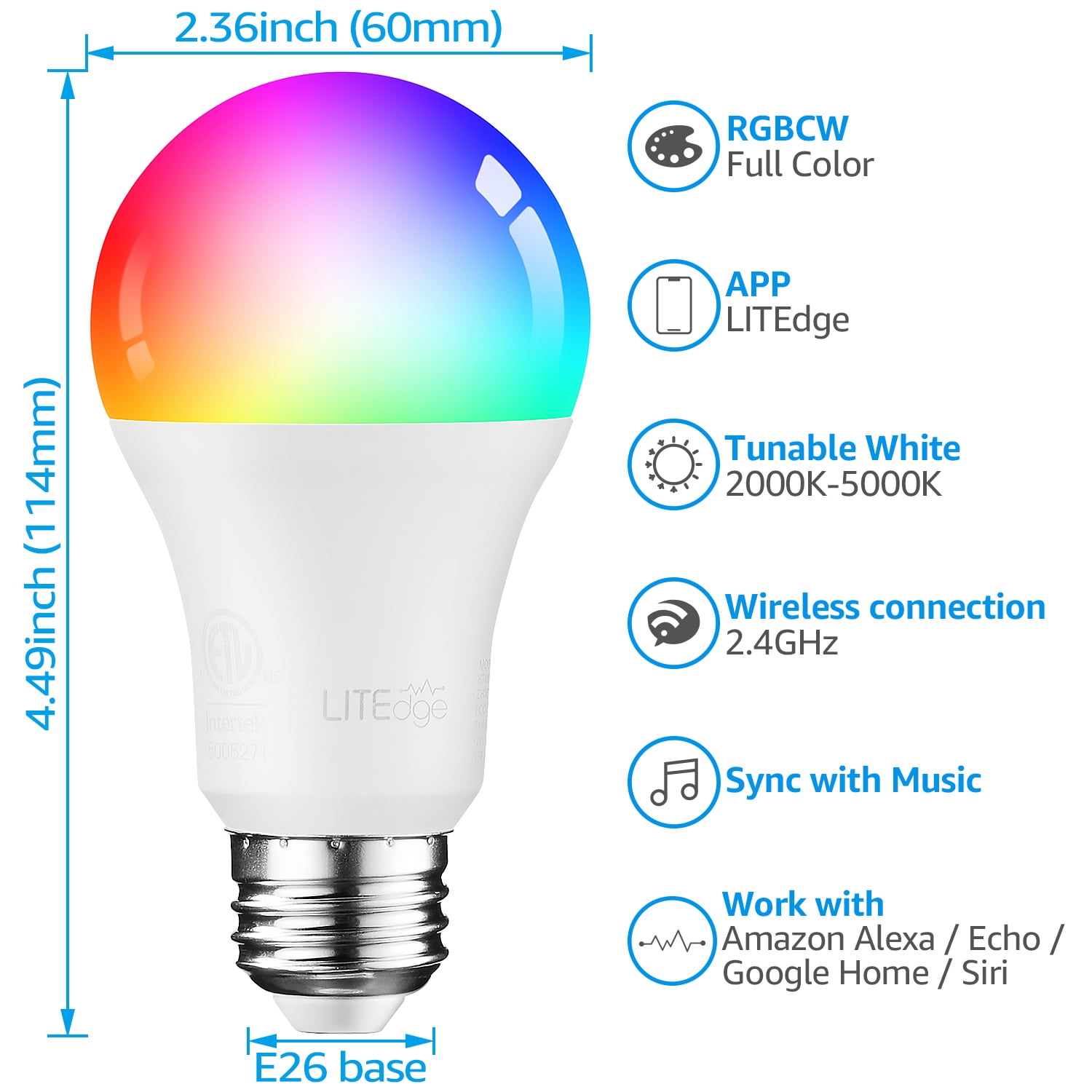 6 Pack A19 A19 Smart LED Light Bulbs, WiFi & Bluetooth, 60W Equiv, E26 Base, 2000K-5000K RGBCW Full Color Changing Smart Bulb