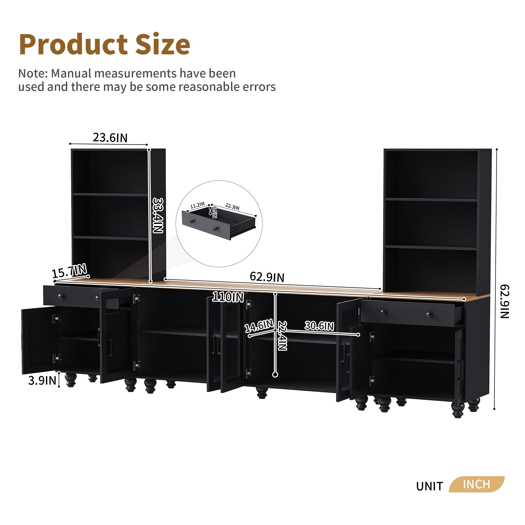 Euroco 110" Entertainment Center Wall Unit Set with Glass Display Cabinets, Adjustable Shelves & Vintage TV Stand for TVs up to 85", Farmhouse Style Media Console with Storage, Gourd Legs