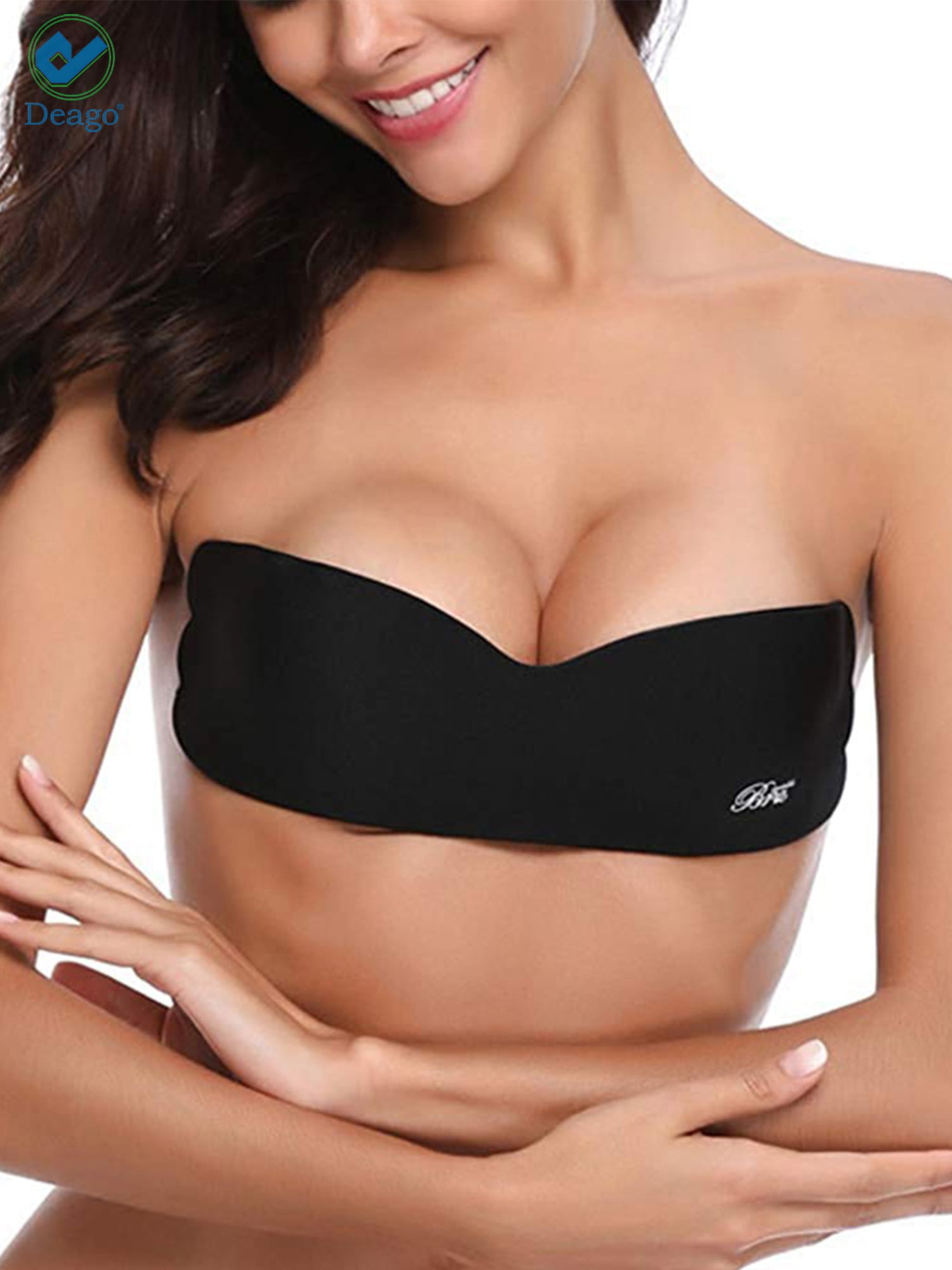 Deago Women's Backless Strapless Push Up Bra Silicone Self Adhesive  Invisible Bras (Cup A/B, Black+Skin) 