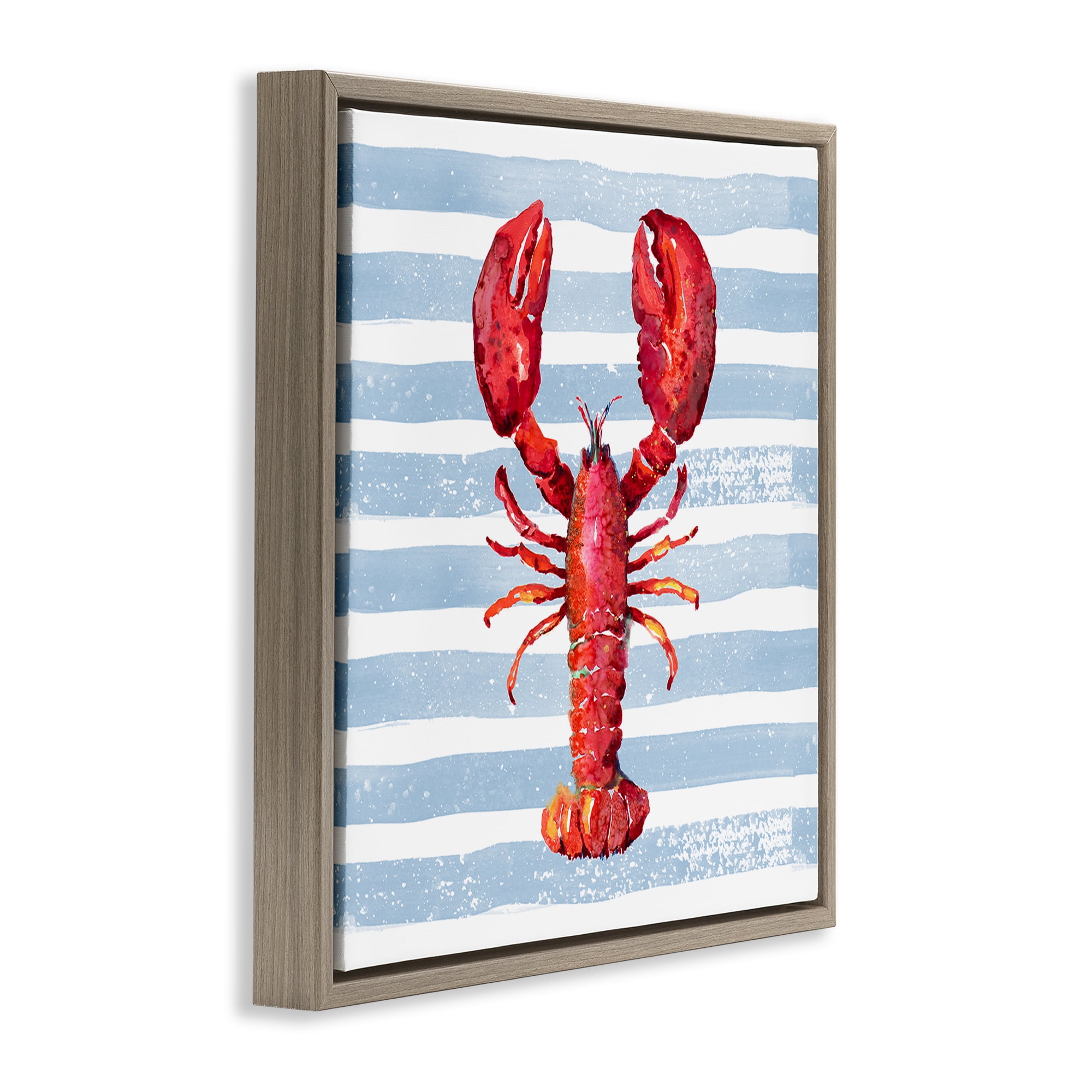 Stupell Industries Red Lobster on Blue Stripes Brown Framed Floater Canvas Wall Art, design by Patricia Pinto