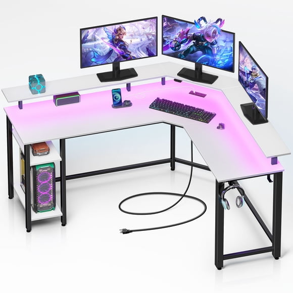 L-Shaped Desk with Power Outlets & LED Strip, Monitor Stand, Storage Shelf & Hooks - Home Office/Gaming Computer Desk