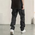 thumbnail image 6 of Men's Cargo Straight Leg Pants, Loose Solid Elastic Drawstring Waist Casual Outdoor Athletic Trousers with Multi-Pocket Black M, 6 of 6