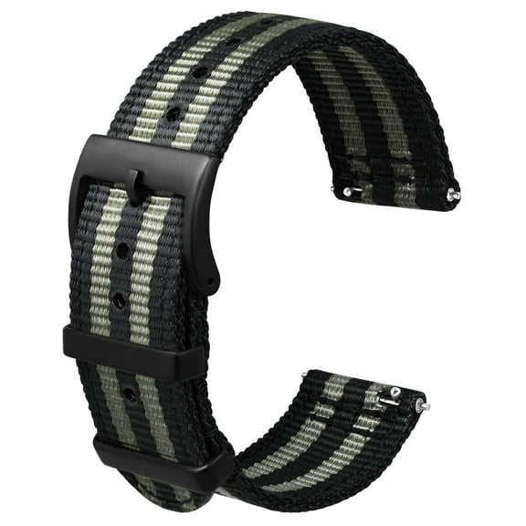 Two-Piece Quick Release Nylon Watch Strap with Metal Loop,18mm Double Layered Woven Nylon with Tight Stitching,Replacement Watch Band with Brushed Black Stainless Buckle