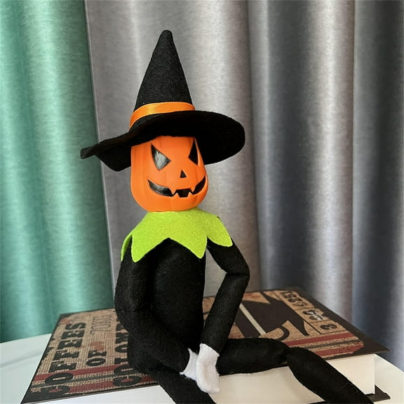 Nmdmisc 14" Halloween Xmas Pumpkin Elf Plush Stuffed Doll,Handmade Pumpkin Elf Toy with Black Hat,White Gloves and Cape for Halloween and Autumn Harvest Holiday Tabletop Home Decorations