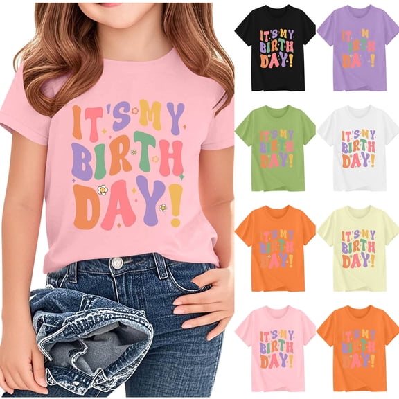 Rvasteizo Kids Long Sleeve Shirt Print Birthday Theme Crew Neck Short Sleeve Breathable Cotton Unisex Tee for Boys Girls 2 to 15 Years Casual Wear