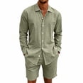 thumbnail image 2 of HBGVBA Men 2 Piece Outfit Long Sleeve Button Collared Shirt and Waist Elastic Shorts Set, 2 of 5