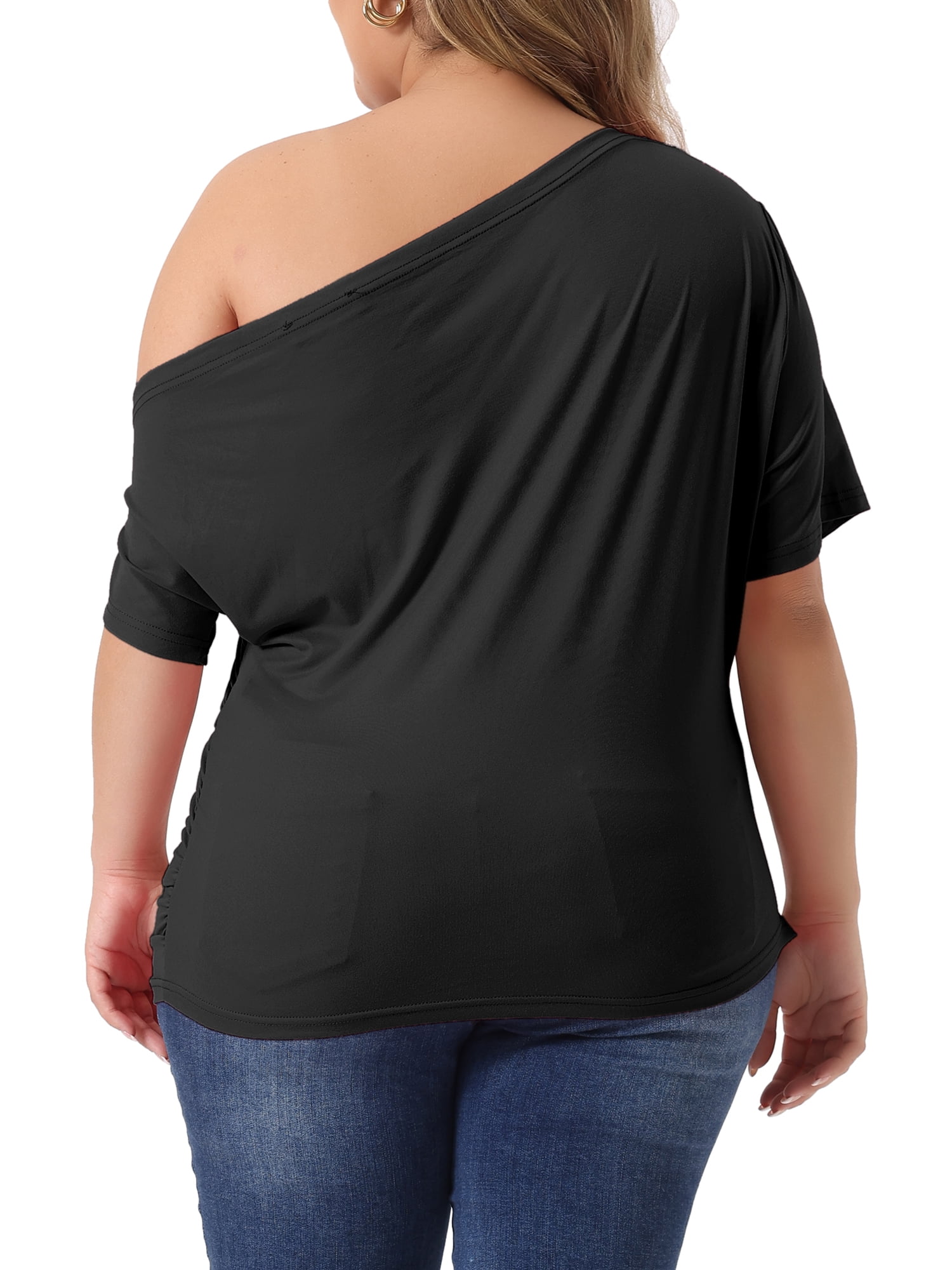 Women's Plus Tops One Shoulder Short Sleeve Ruched Basic Blouses Summer Tee Tops 3X Black