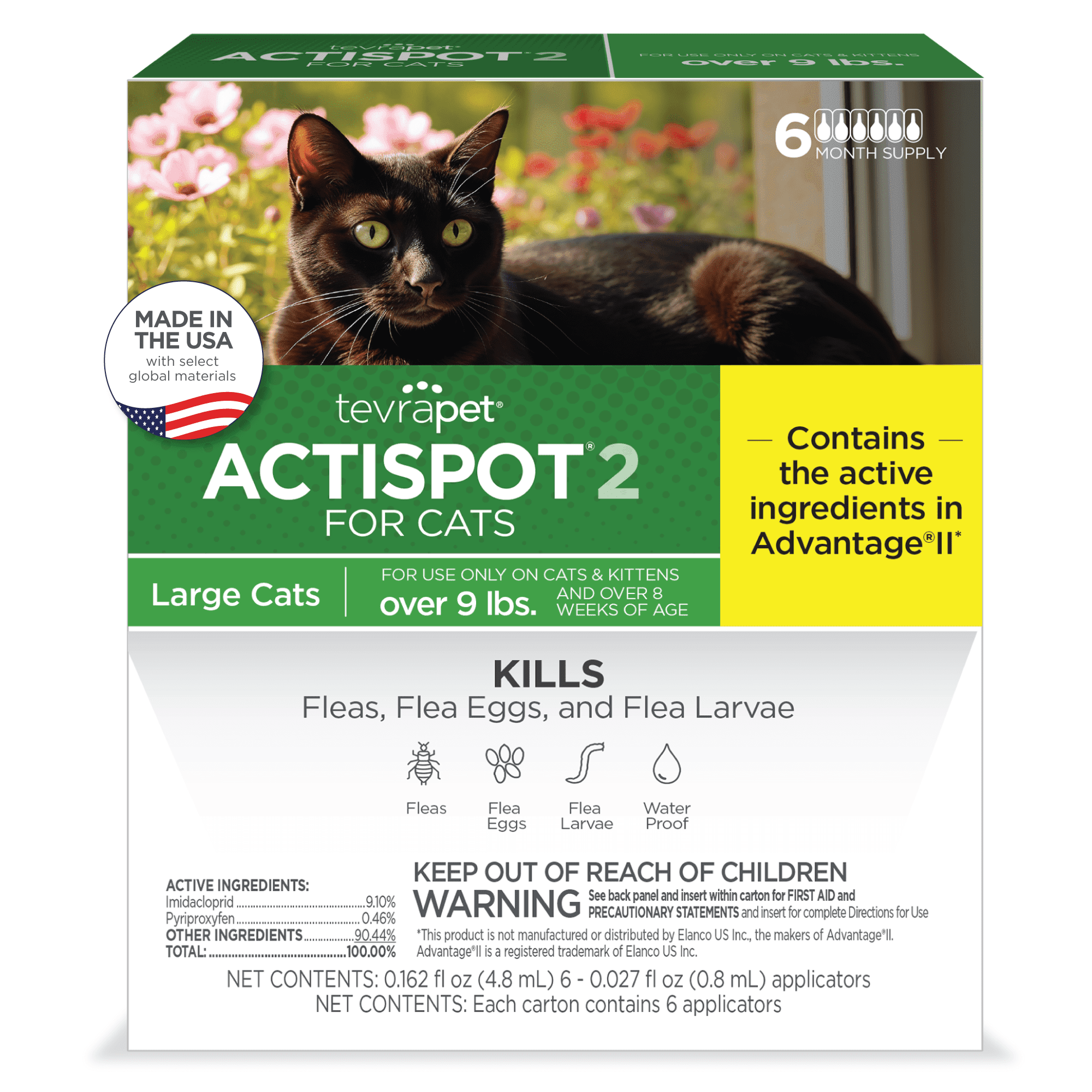 TevraPet Actispot II Flea Treatment for Large Cats 9+ lbs | Monthly Topical | 6 Count