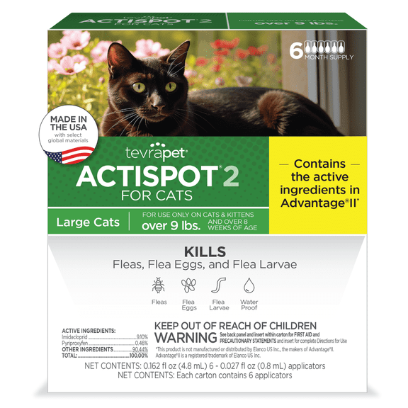 TevraPet Actispot II Flea Treatment for Large Cats 9 lbs | Monthly Topical | 6 Count