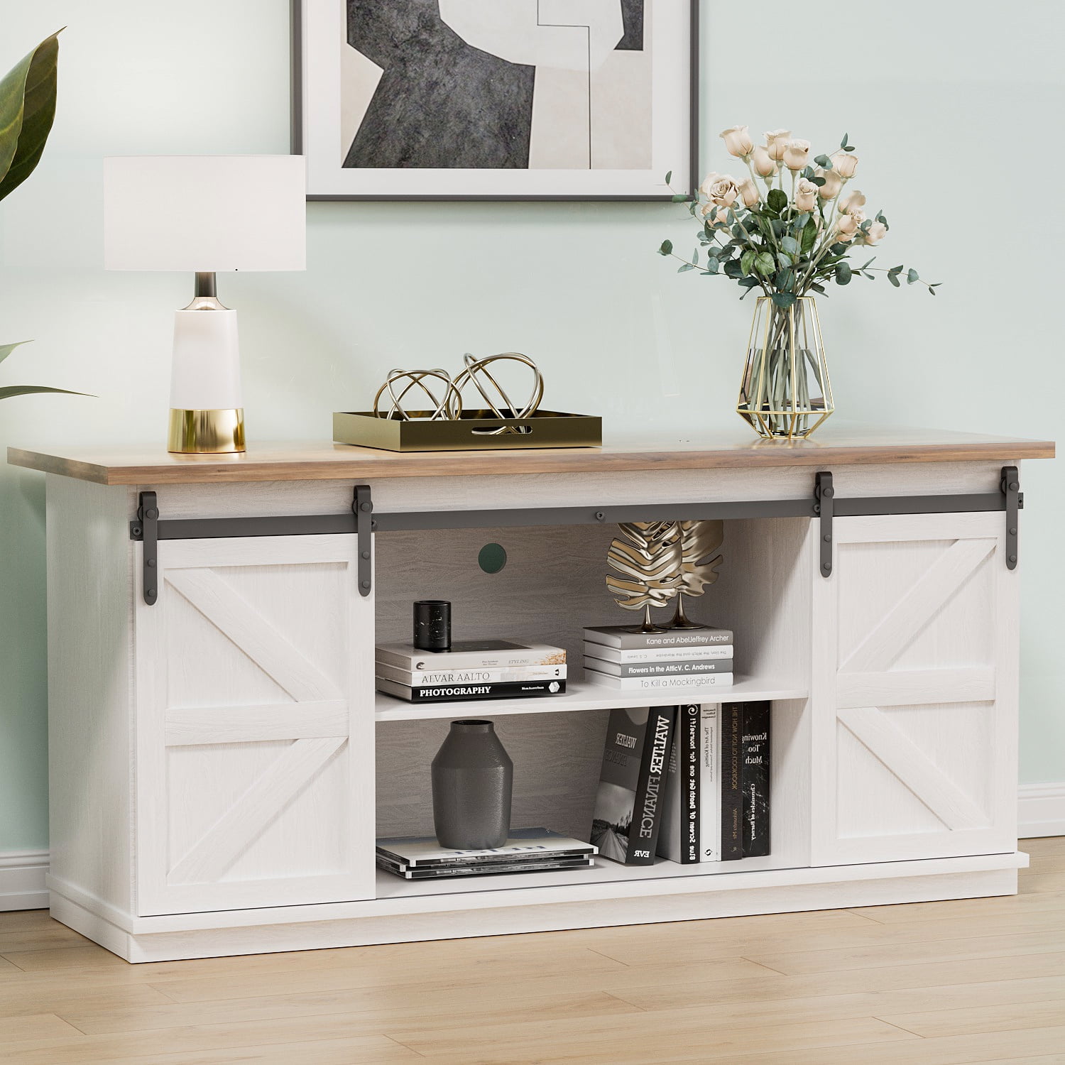 Vineego 58 Inch Farmhouse TV Stand and Entertainment Center for Televisions,with Sliding Barn Doors and Storage Cabinets,Milk White