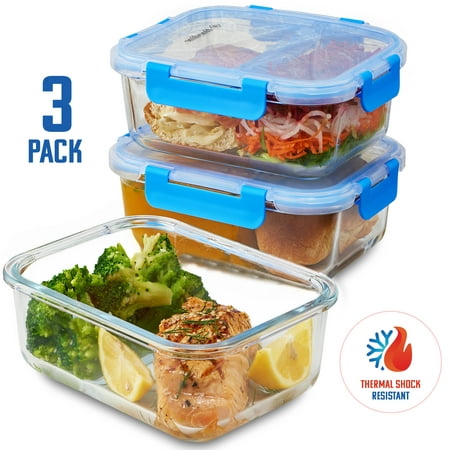 ShopoKus Glass Meal Prep Containers - 3-pack (35oz) BPA-free Airtight Food Storage Containers with 100% Leak Proof Locking Lids, Freezer to Oven Safe Great on-the-go Portion Control Lunch