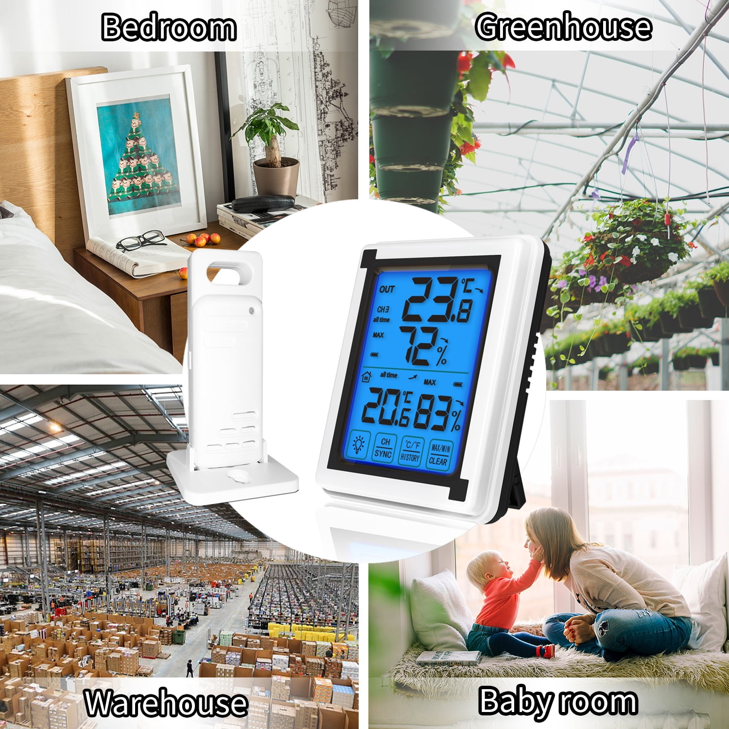 Humidity Gauge for Home Indoor Outdoor Thermometer Upgraded Humidity Monitor Wireless with Touchscreen Backlighty Digital Hygrometer Thermometer with 3 Sensor Baby Room Office