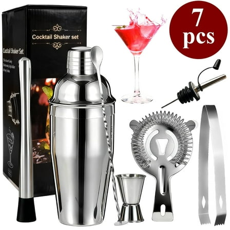 LANNEY 24oz Cocktail Shaker Set, 7-Piece Stainless Steel Bartender Kit with Martini Shaker, Strainer, Jigger, Mixing Spoon, Muddler, Ice Tong & Pour Spouts, Bar Tool Set for Bachelor, Party & Gift
