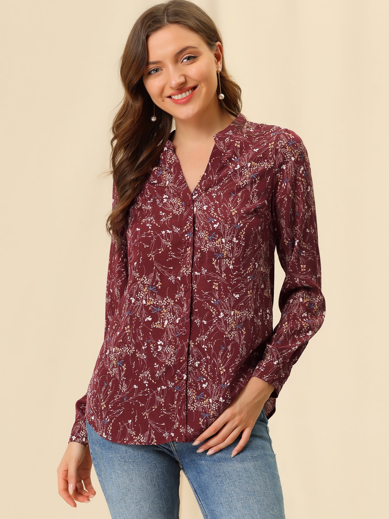 DARING DIVA Women's V Neck Tunic Top Button Up Blouse M Burgundy