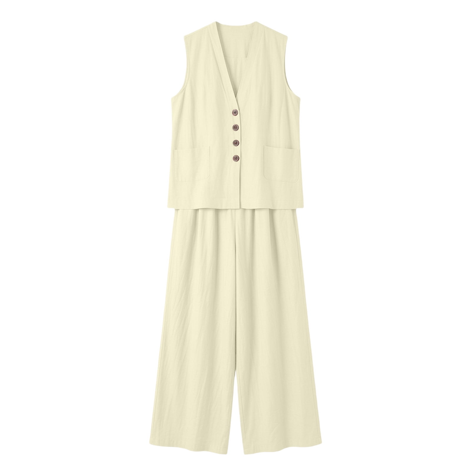 Women's Summer 2 Piece Lounge Set Dressy Sleeveless Button Down V Neck Top & Wide Leg Pants Office Travel Outfits