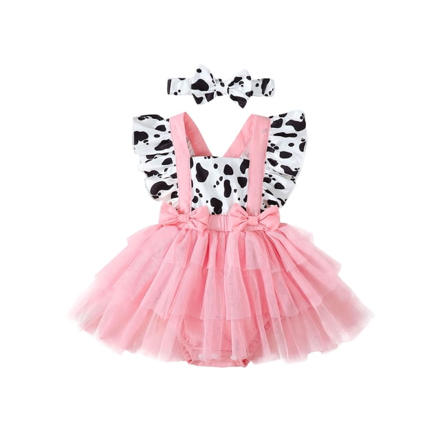 Vestido de verano para niña pequeña, mono de tul con estampado de vaca y mangas voladoras con retazos y diadema, conjunto de ropa infantil