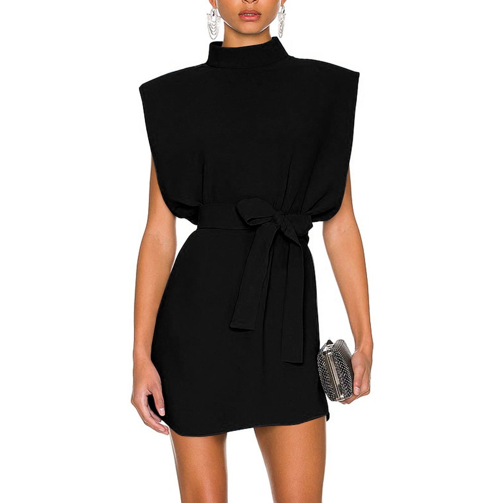 Women's Summer Sleeveless TShirt Dress Tie Waist Solid Round Neck