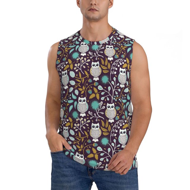 Fotbe Forest Cute Owl Men's Camiseta sin Mangas Estampada para Hombres, Playera Casual para Gimnasio, Entrenamiento, Playa-Small