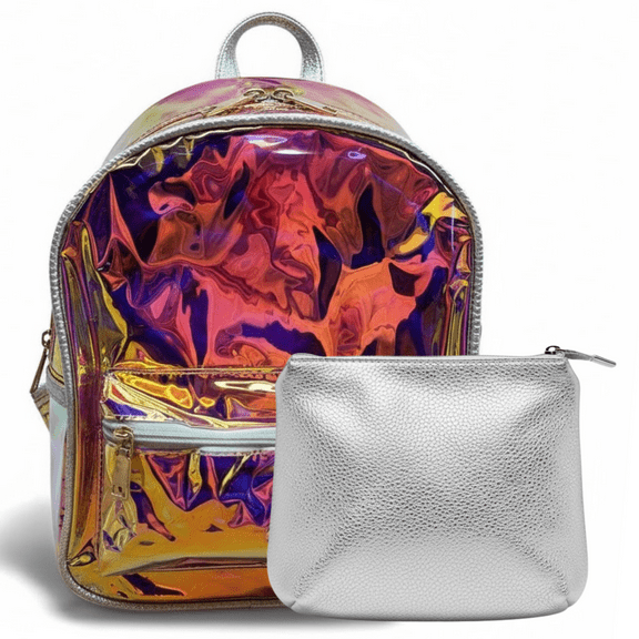 Clear Above Iridescent Mini Backpack with Purse – Holographic Shoulder Daypack for Travel, Concerts, Festivals & Everyday Fashion (Silver Trim)