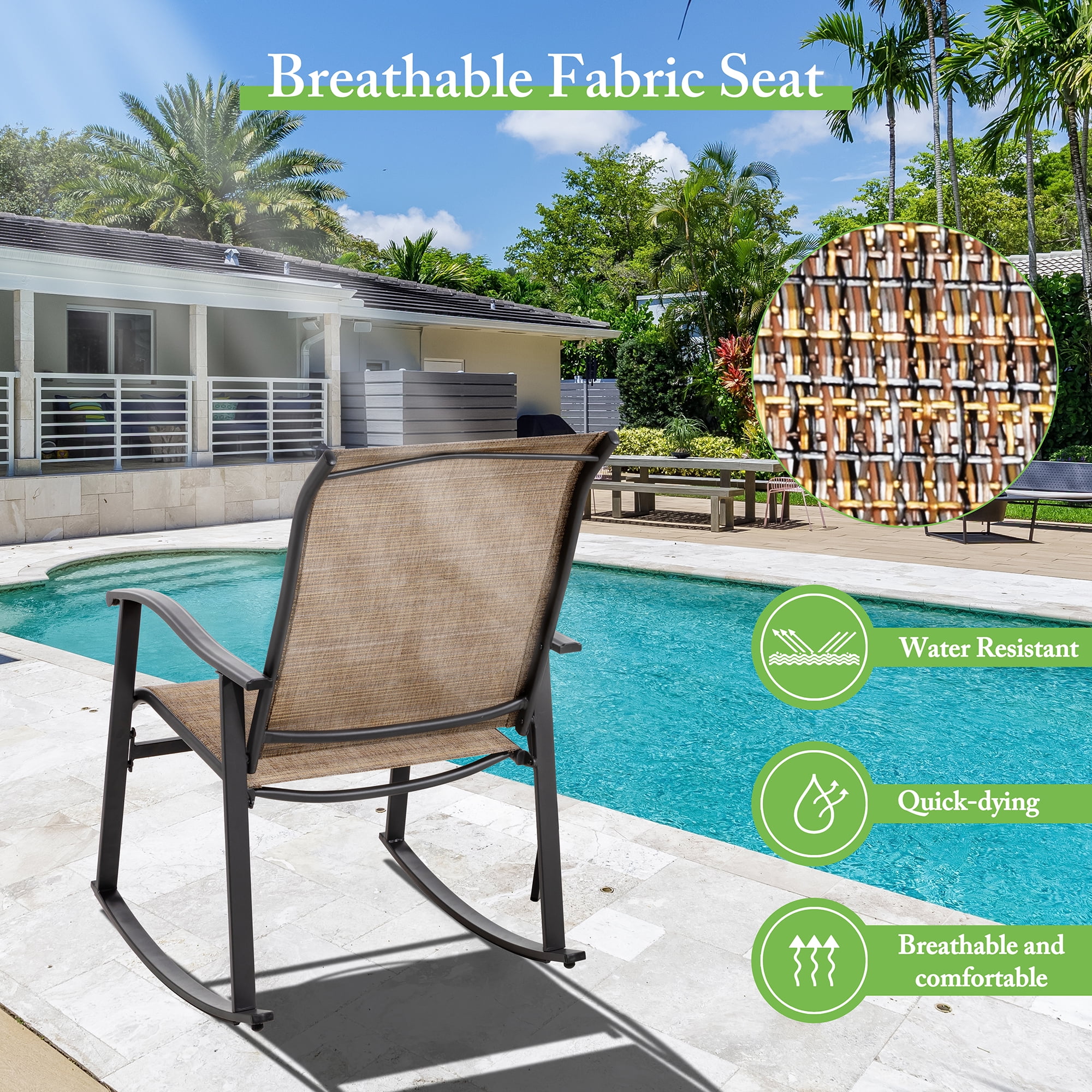 Walsunny 3 Pieces Rocking Bistro Patio Furniture Rocker Set with 2 Outdoor Rocking Chairs and 1 Glass Coffee Table for Porch Deck Lawn,Brown