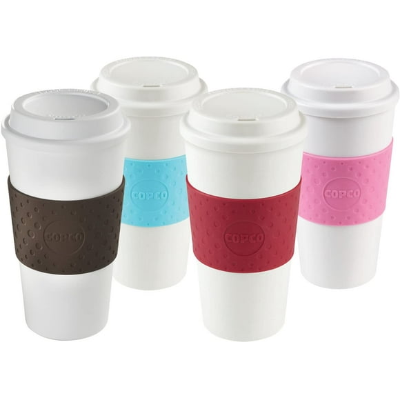 Copco Acadia Reusable To Go Mug, 16-ounce Capacity 4-pack (Pink, Azure, Brown, Red)