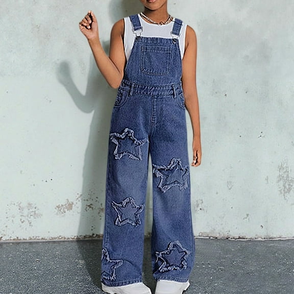 Hifoo Child Trendy Girls Denim Overalls With Star Casual Wide Leg Jumpsuit Teen Girls Comfortable Summer Fall Pant Birthday Sleeveless Jumpsuits Rompers