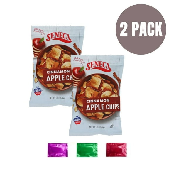 Seneca Cinnamon Apple Chips 1.5 oz, 2  Pack – Gluten-Free, No Preservatives, Crunchy Snack for Lunchbox, Salad Topper, Party Favor   Bonus LaPrima Morceau Bonbon