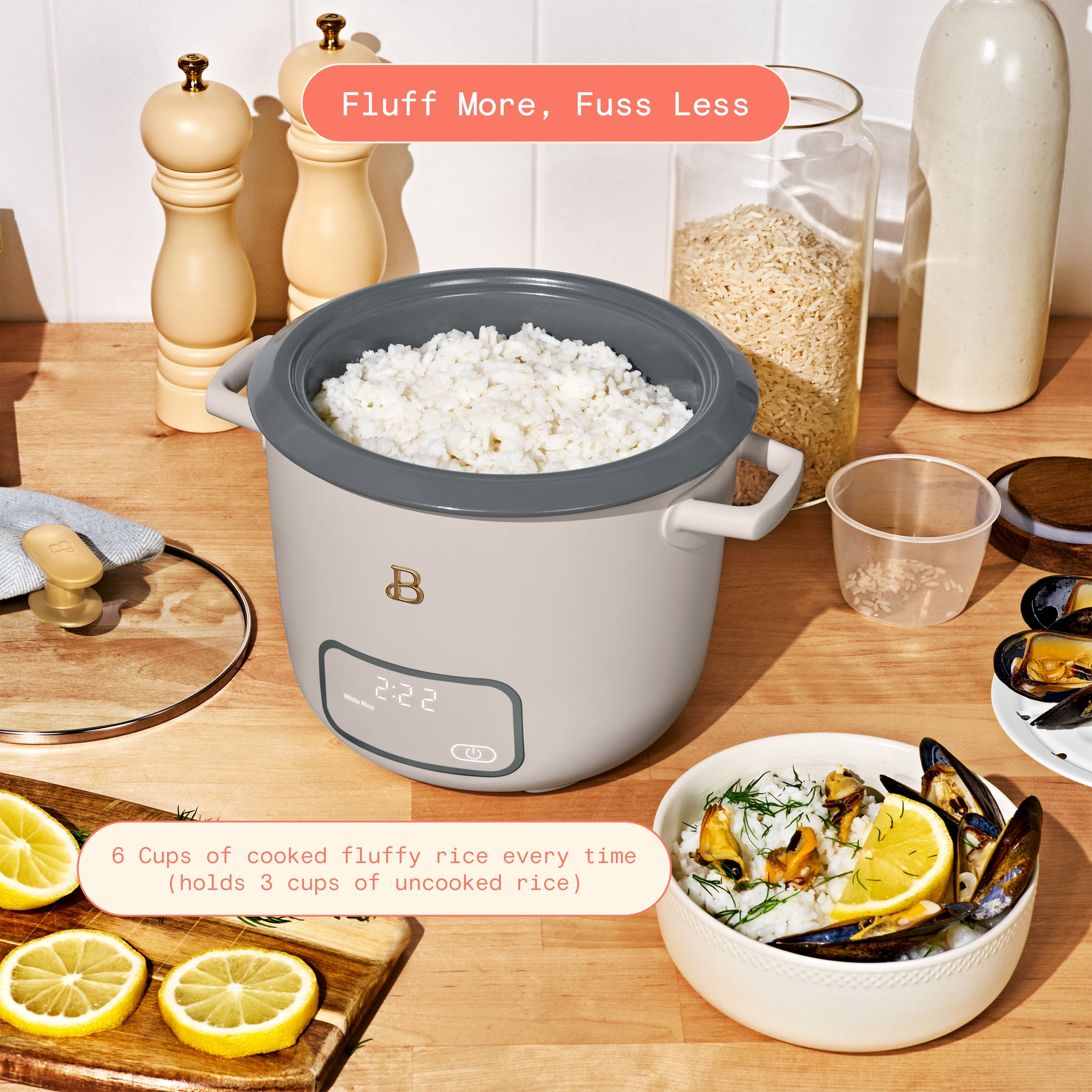 Beautiful 6-Cup Cooked, 3-Cup Uncooked Digital Electric Rice and Grain Cooker with Glass Lid, Porcini Taupe by Drew Barrymore
