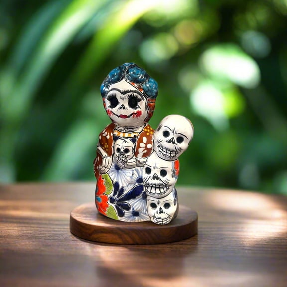 Handcrafted Talavera Frida Statue | Colorful Day of the Dead Calavera Skull Decor