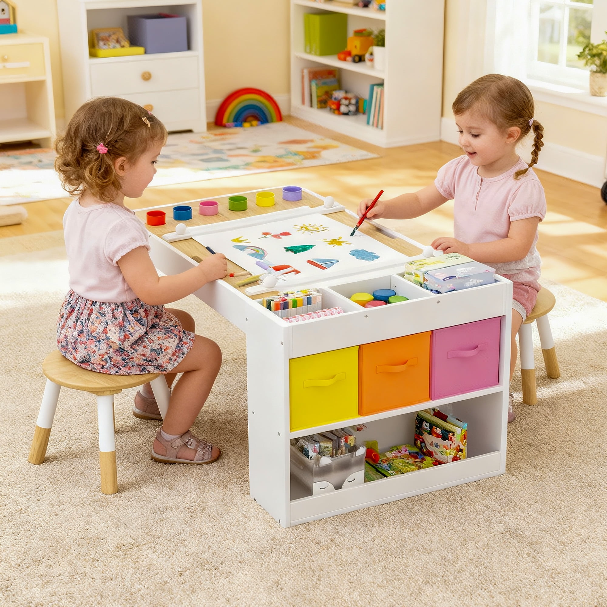 Reasea Kids Art Table with 2 Chairs - Wooden Kids Activity Desk Set Includes Baseplates, Paper Roll & Storage | 39" x 23" Craft Table for Drawing, Building & Learning